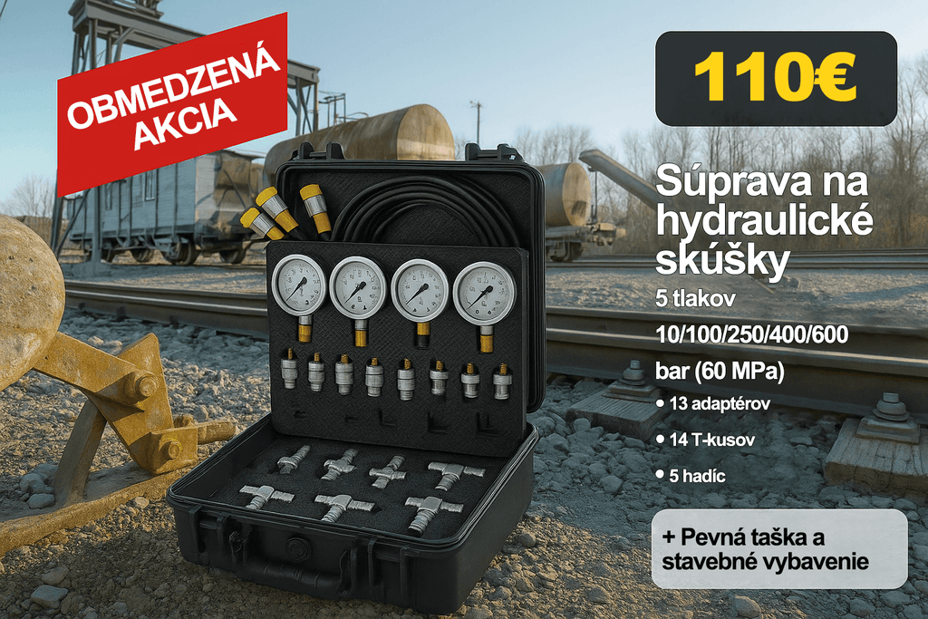 Hydraulická skúšobná súprava s 3 tlakomermi, 9 meracími hlavicami, 3 meracími hadicami, 5 tlakomermi (10/100/250/400/600 bar), 60 MPa, 13 meracími hlavicami, 14 T-spojkami, 5 meracími hadicami, v odolnom prenosnom kufríku pre bagre (EÚ)